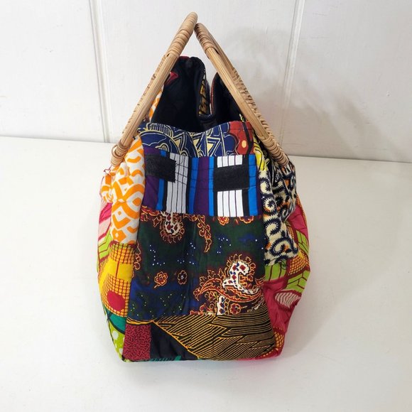 Ankara Boho Multicolored Purse with Rattan Handles - Picture 4 of 7